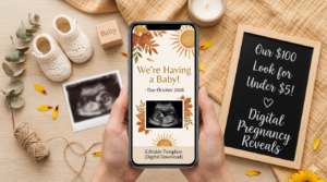 Digital pregnancy announcement card designed for under $5 budget reveal