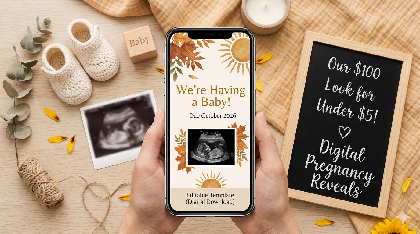 Digital pregnancy announcement card designed for under $5 budget reveal