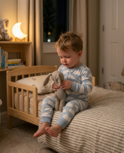 Toddler sitting up in a cozy nursery at night, illustrating the 18-month sleep regression stage for parents.