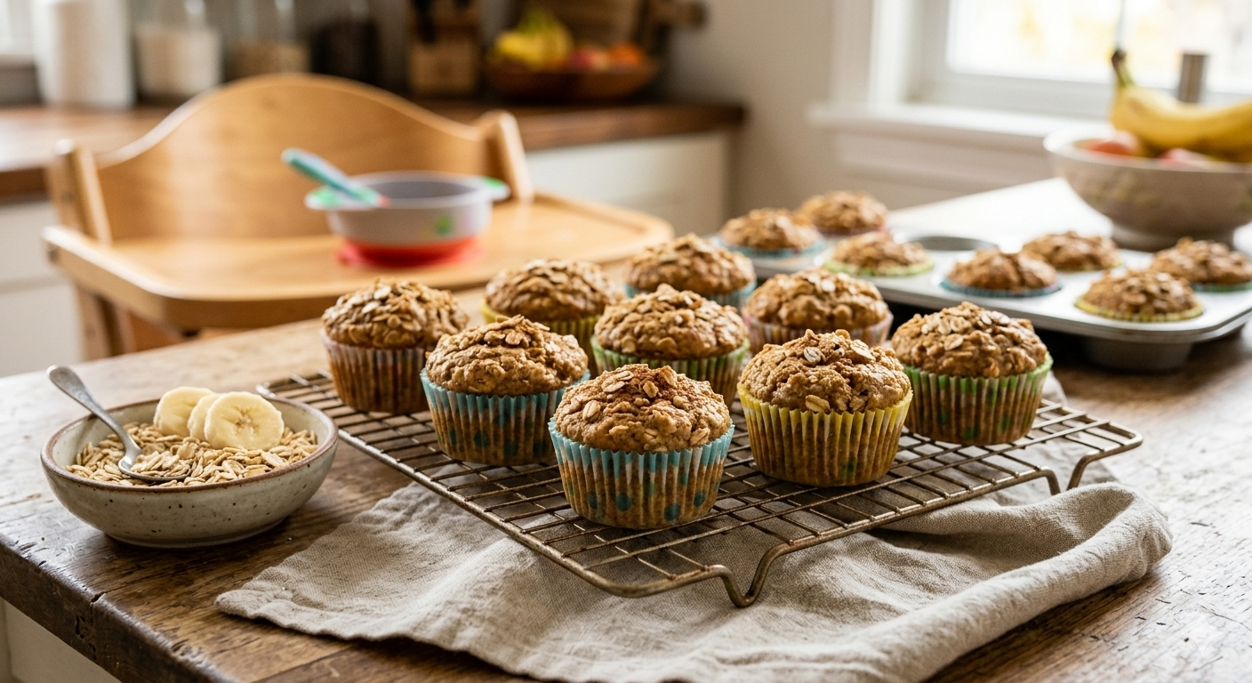 Freshly baked banana oat toddler muffins cooling on a wire rack