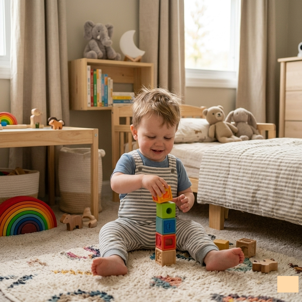 A 2-year-old toddler focusing intently on playign with colourful blocks