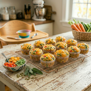 Savory cheese and vegetable muffins for toddlers filled with peas and red peppers.