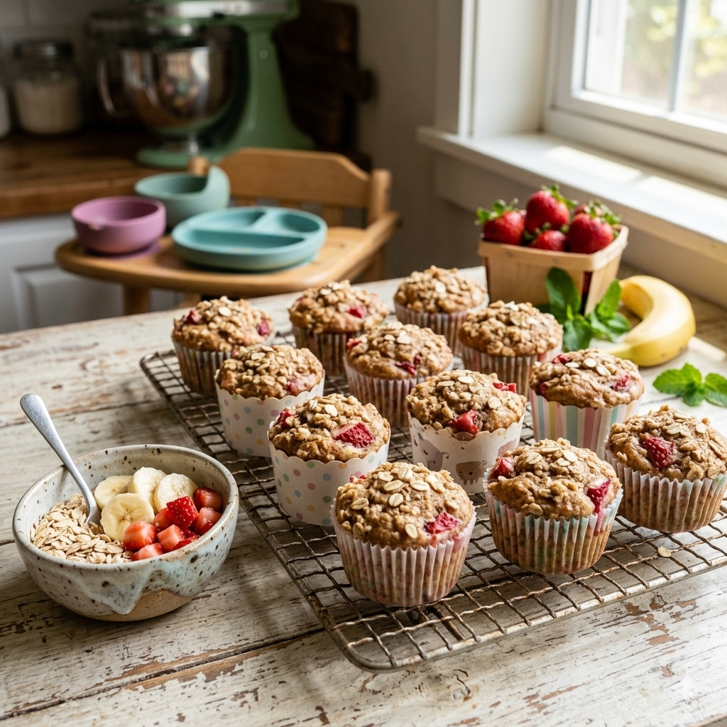 Strawberry banana mini muffins bite sized for toddlers