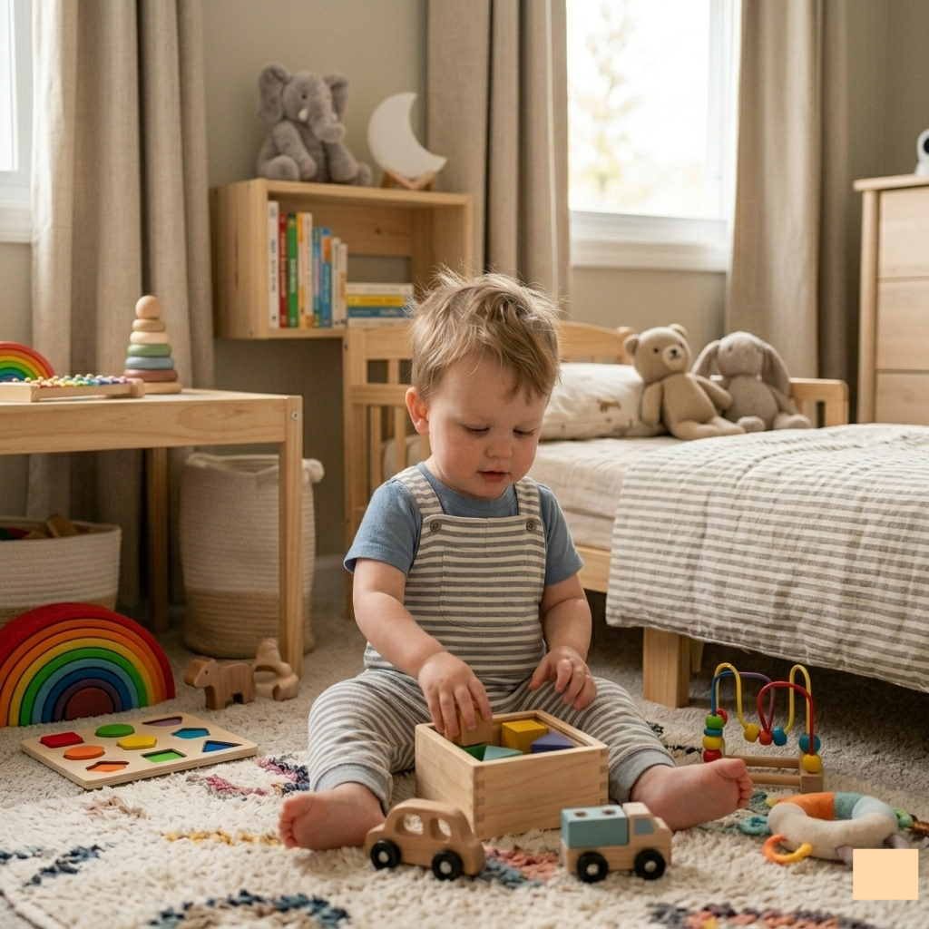 A young toddler sitting on a cozy nursery rug and playing with wooden toys like cars and blocks