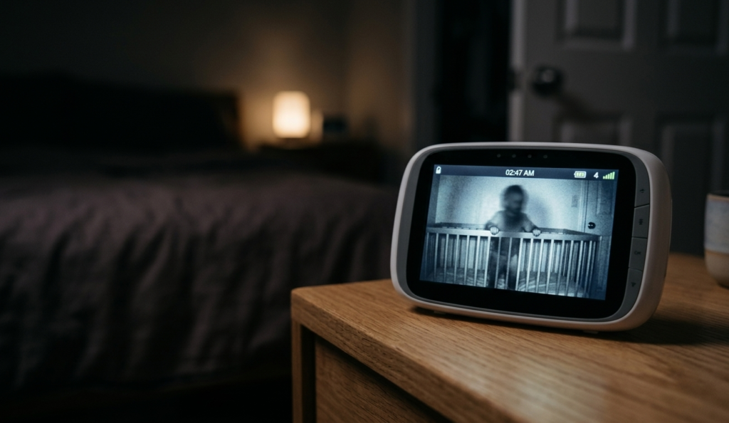 A baby monitor on a nightstand showing a toddler standing up in his crib at night.