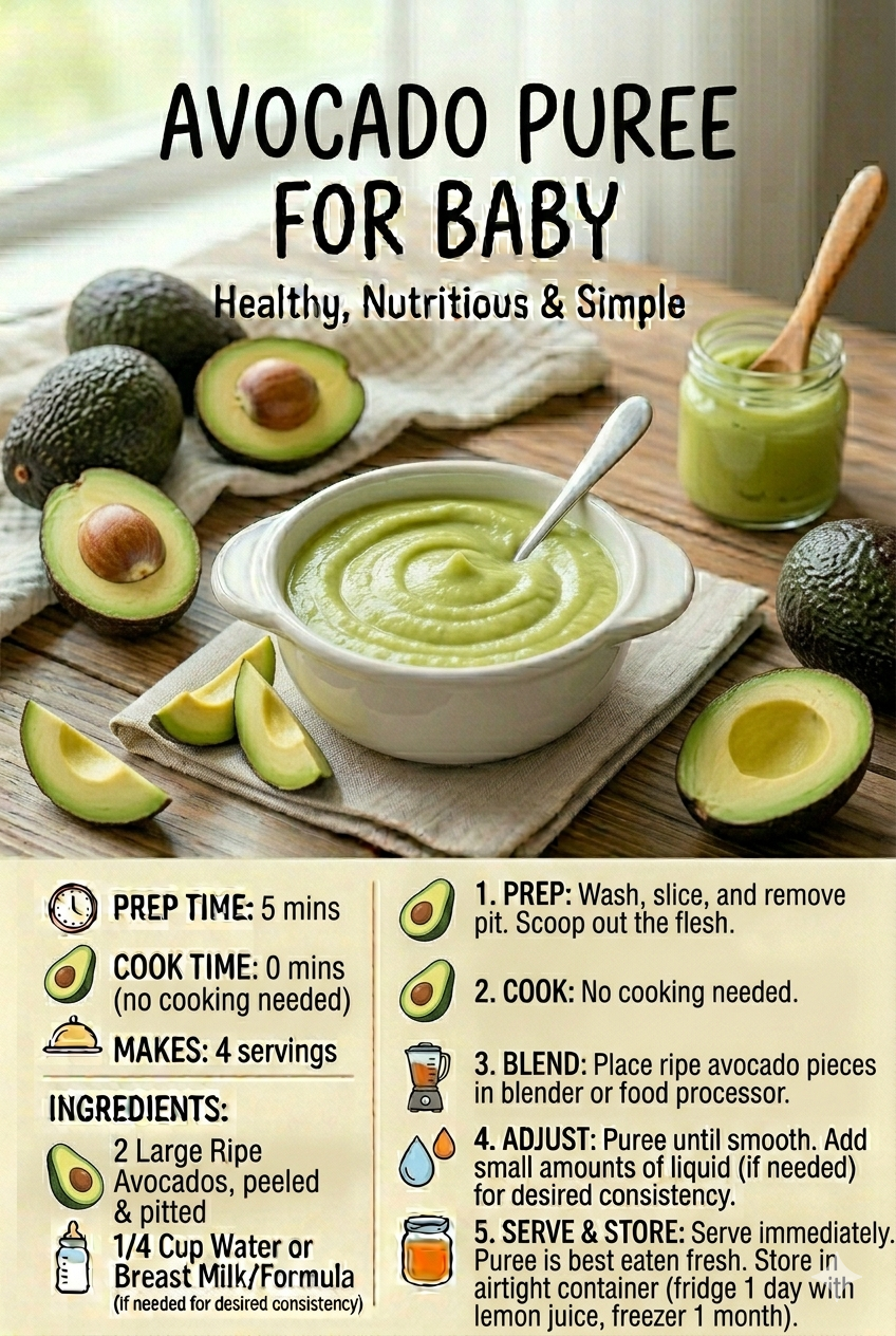 Fresh avocado puree baby food in a bowl