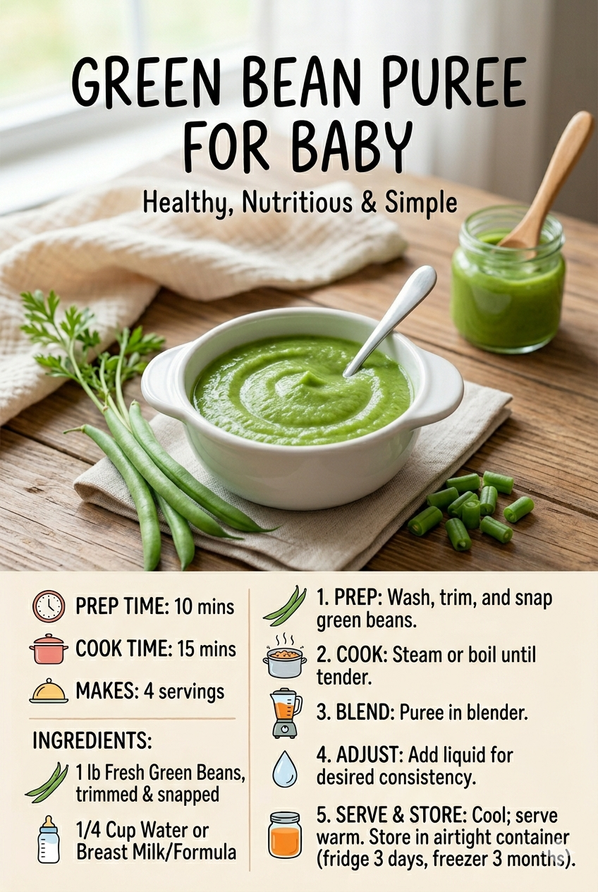 Fresh homemade green bean puree baby food in a bowl