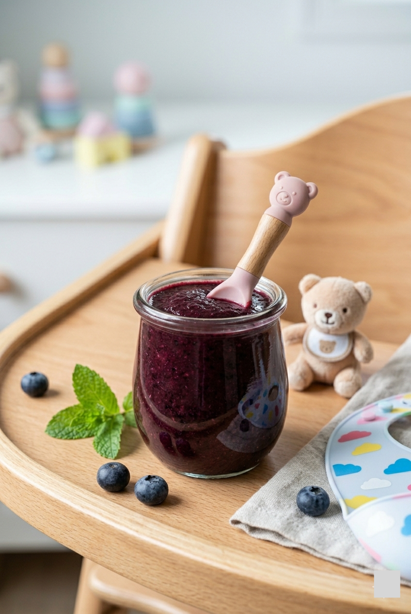 Smooth blueberry puree for baby in a bowl