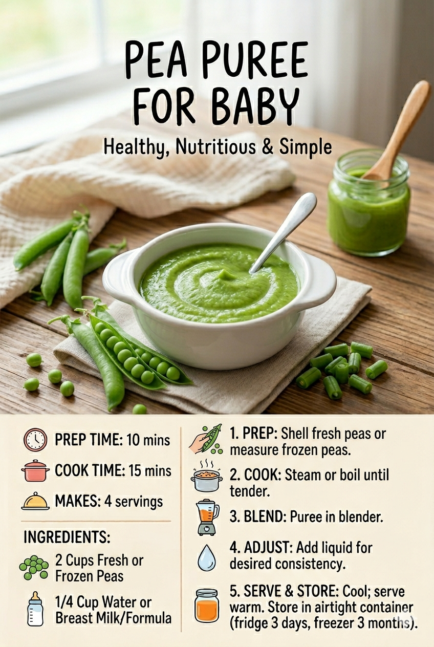 Sweet peas puree baby first food in a bowl