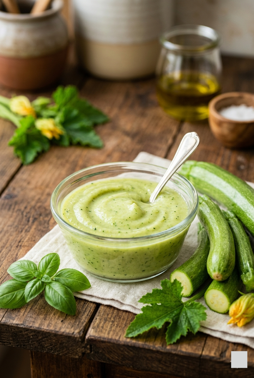 Zucchini puree baby food in a glass bowl